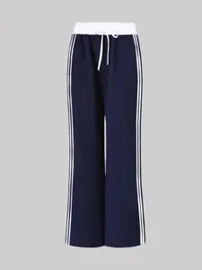 American Vintage Navy Drawstring Side Stripe Sport Pants, Loose-Fitting Straight Leg Trousers for Women, Casual All-Season Wear