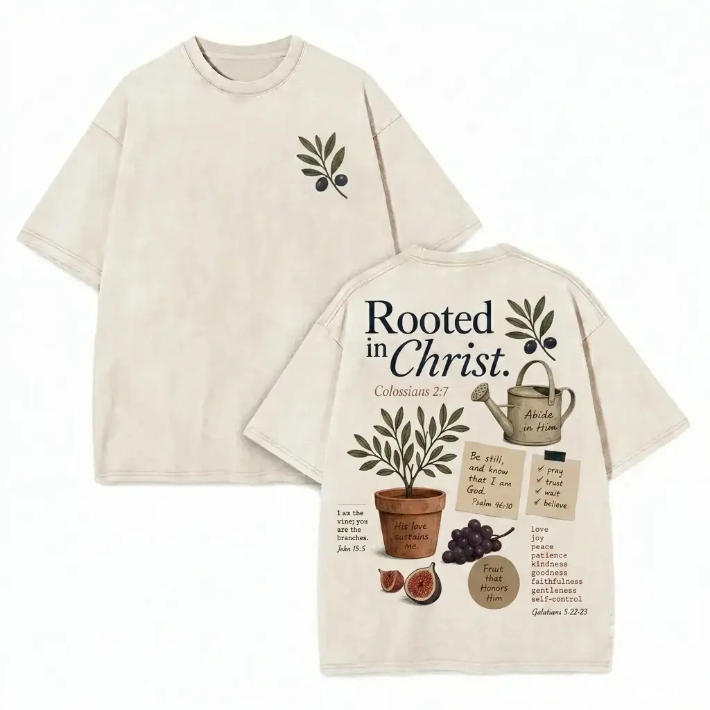 Rooted In Christ Colossians Botanical Bible Verse Double Sided Unisex Washed Cream Tshirt Mens Vintage Graphic Tee, Boyfriend fit shirt, Oversized top for women, Christian girl aesthetic, Cottagecore faith apparel, Religious gift