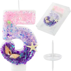Birthday Candles, Pink and Purple Number 5 Candles Decorated with Conchs Starfish and  for  Theme Party Cake Topper Supplies (Number 5)