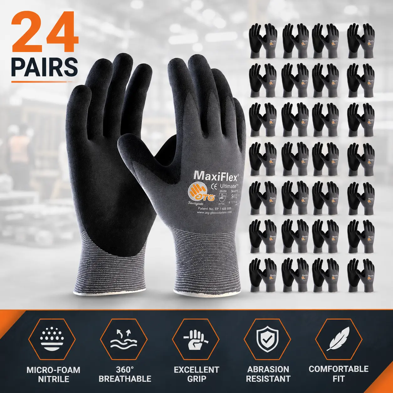 MaxiFlex Ultimate Work Gloves for Men – Foam Nitrile Palm Coated, Micro-Foam Nitrile Grip, Breathable Seamless Nylon, High Dexterity Safety Construction Gloves, Abrasion Resistant, Precision Grip, 12/24 Pack