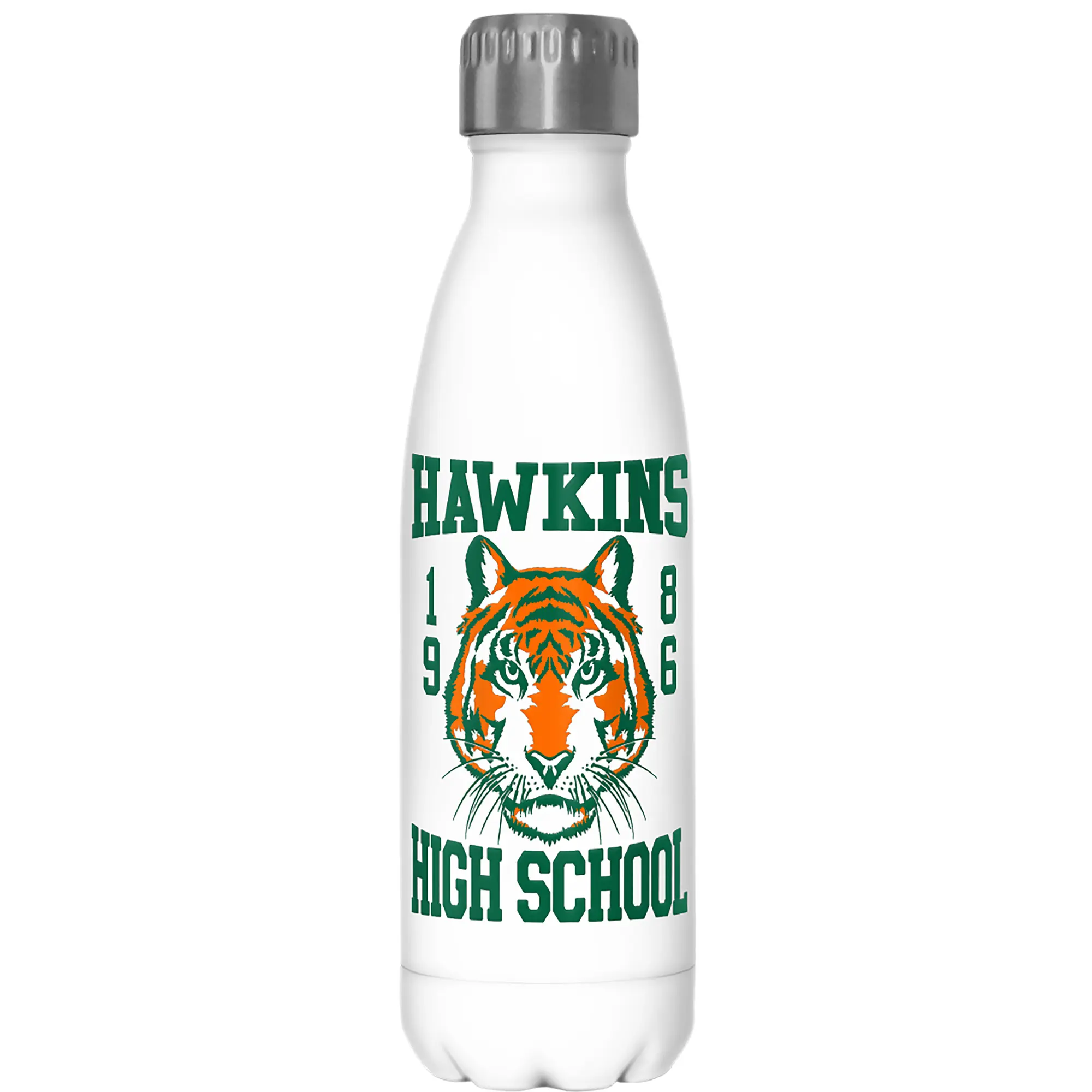 Stranger Things Hawkins High School Printed Cylindrical Insulated Double-Wall Stainless Steel Tumbler with Tiger Logo, Portable Hand Wash-Only Travel Water Bottle (Lid Type: None)