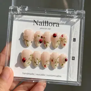 Cherry Red Floral Almond Press On Nails – Burgundy Ombre Gold Accent Set