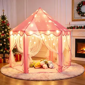 【SummerVibes】Princess Castle Tent for Girls, Hexagon Kids Play Tent with Fairy Star Lights, Indoor Outdoor Playhouse, Princess Toy for Toddlers, Perfect Christmas Birthday Gift for Little Girls Portable Play Area