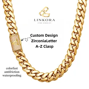 14K Gold Plated A–Z Alphabet Miami Cuban Chain Necklace with Custom Initial Engraved Flip Clasp 14mm Width Stainless Steel Solid Waterproof No Tarnish for Special Occasions