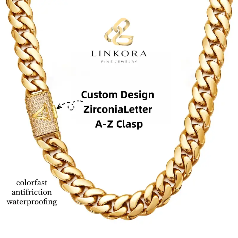14K Gold Plated A–Z Alphabet Miami Cuban Chain Necklace with Custom Initial Engraved Flip Clasp 14mm Width Stainless Steel Solid Waterproof No Tarnish for Special Occasions