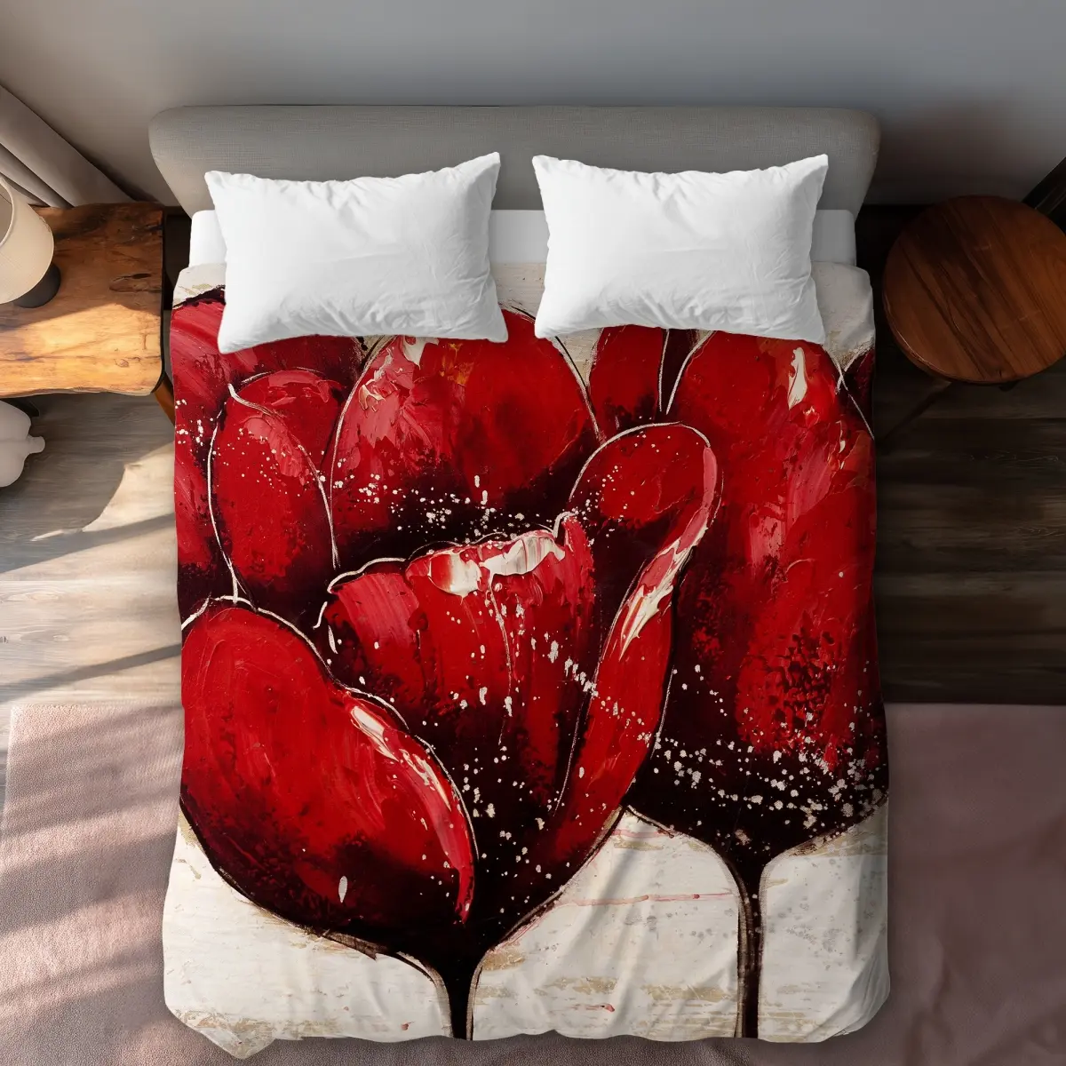 Begin Home Decor C1DCQSW05ITC5G Red Tulips Closeup Queen Size Duvet Cover - Floral Bathroom Decor Queen