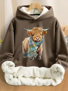 Women's Cute Highland Cow with Plaid Scarf Printed Hoodie, Warm Faux Fur Lined, Unisex for Autumn and Winter Wear