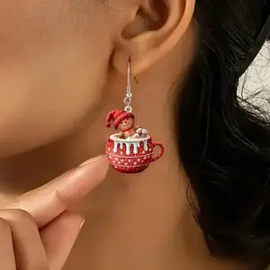 2D Flat Cute Milk Tea Cup Gingerbread Man‌ Acrylic Earrings Winter Atmosphere Earrings Christmas and New Year Gift Accessories