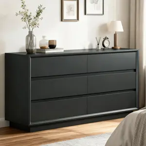55" Black Dresser with 6 Drawers and Metal Slides, Wood Storage Dresser for Bedroom, Hallway