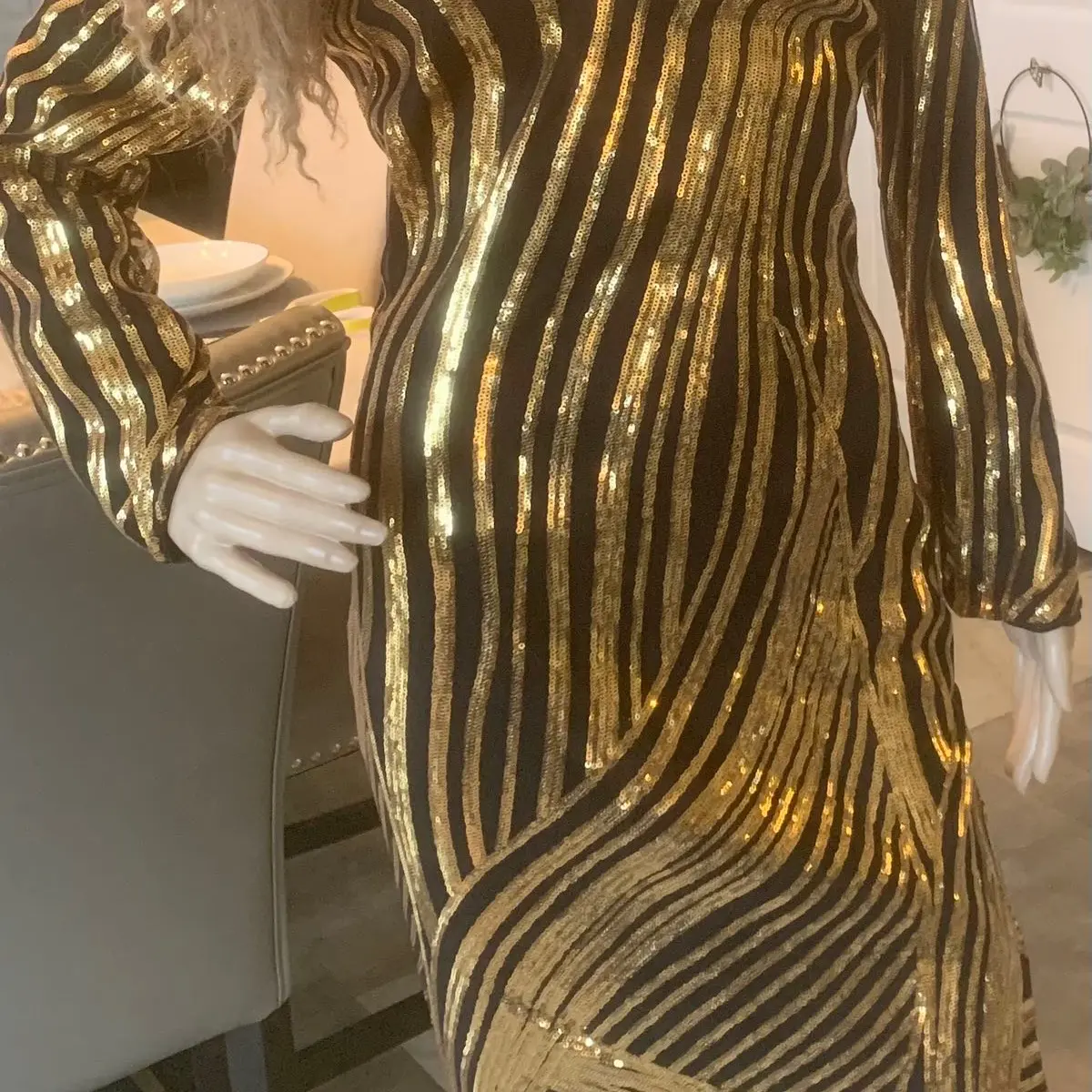 Elegant fitted calf length gold striped sequin special occasion dress, Size Medium/5-6