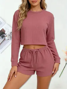 Women's Casual Waffle Knit Set, Long Sleeve Round Neck Top & Drawstring Shorts, Loose Fit Spring & Fall Home Wear, 2 Piece Outfit