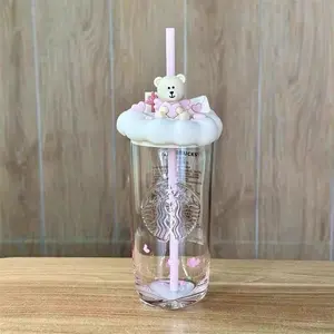 Starbucks overseas 17oz Crush Confession Cup - Pink Bear Triangle Base, Glass w/Straw - Gift For Her