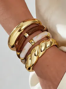 Women Resin Acrylic Elastic Bracelet Set, Stripe Smooth Open Bangle, Daily Wear Holiday Gift Stackable Jewelry