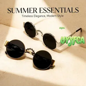 Unisex Vintage Steampunk Round Sunglasses, Gold Metal Frame with Ornate Cut-Out Temples, Non-Prescription Gothic Eyewear for Themed Events, Casual Wear and Daily Use