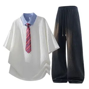 New summer jacquard casual men’s set, collegiate-style faux two-piece: contrast-collar tie short-sleeve shirt + high-waisted drawstring wide-leg jeans