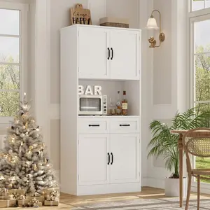 HOSTACK Tall Kitchen Pantry Storage Cabinet, Modern Kitchen Hutch Bar Cabinet with Microwave Stand, Wood Buffet Sideboard with Hutch, Cupboard with Drawers, Shelves