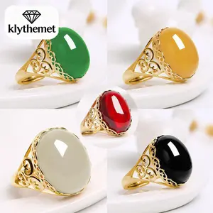 New Alluvial Gold Ethnic Style Grandmother Imitation Green Chalcedony Ring Temperament Ring Open Imitation Red Green Agate Color Female Ring