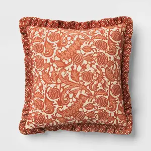 Square Pumpkin Pillow with Printed Reverse and Ruffle Trim - Threshold Square Pumpkin Pillow with Printed Reverse and Ruffle Trim - Threshold