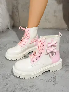Stylish Women's Cap Toe Lace-Up Color Block Booties, Retro Thick Sole Short Boots with Bow Accent, Perfect for Vacation and Daily Wear