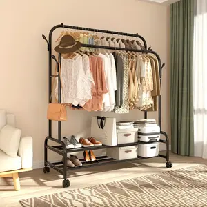 Durable Metal Clothing Rack with Double Rods And Wheels, Featuring Shelves And