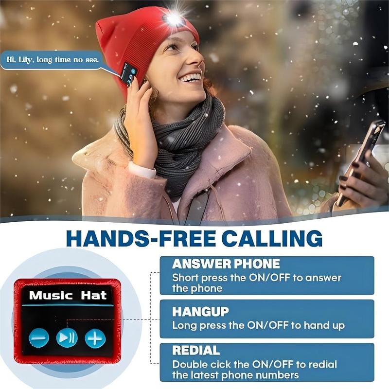 Bluetooth Beanie with LED Light - USB Rechargeable Headlamp Hat, Built-in Speaker & Mic for Music, Calls & Outdoor Fun! Perfect Valentine's Day Gift Lightweight Running Athletic Hat baseball sport accessory