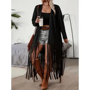 Vintage Western Deer Velvet Beaded Fringe Hem Patchwork Long Sleeve Thin Coat Dress