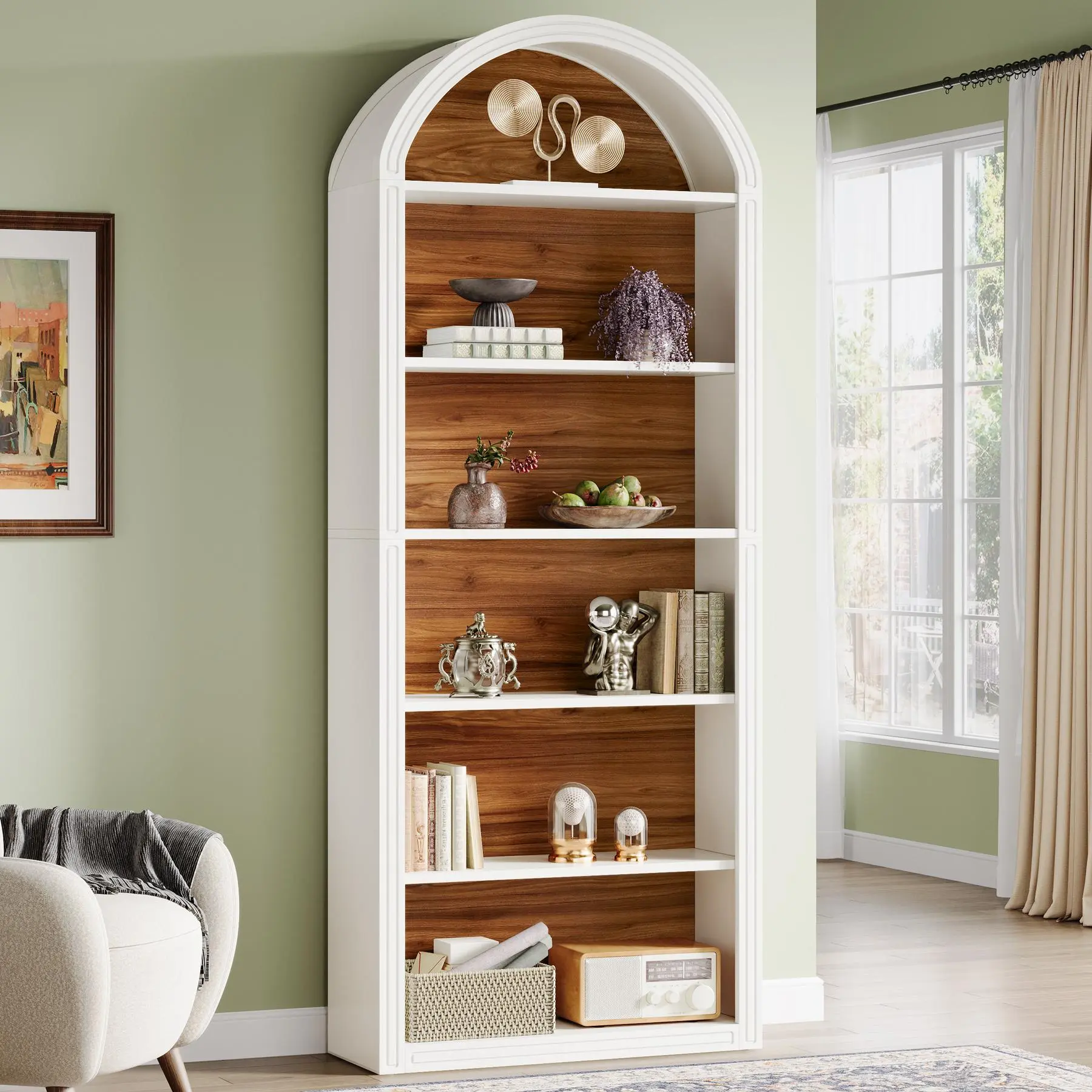 TRIBEWOOD 6-Tier Sturdy Freestanding Wooden Bookcase - 77" Tall Arched Top Display Shelf, 11.81" D x 31.5" W x 75.98" H Stable Unit, Assembly Required, Vintage Charm Safety-First Storage for Living Room, Office, Buy with Confidence