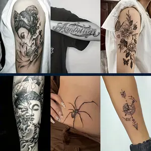 6 Large Herbal Tattoo Stickers, Including: Geisha, Mexican American, Flower, Buddha Statue, Spider, Compass Element, Lasts for 7-15 Days, Waterproof and Anti-Friction, Realistic Effect, Suitable for People Who Do Not Want to Tattoo