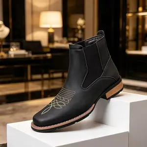 Men’s Western square-toe Chelsea ankle boots — classic embroidery; available as jeans boots, work boots, non-slip wear-resistant boots, classic boots, men’s boots, western boots; outdoor casual closed-toe style; black men’s boots.