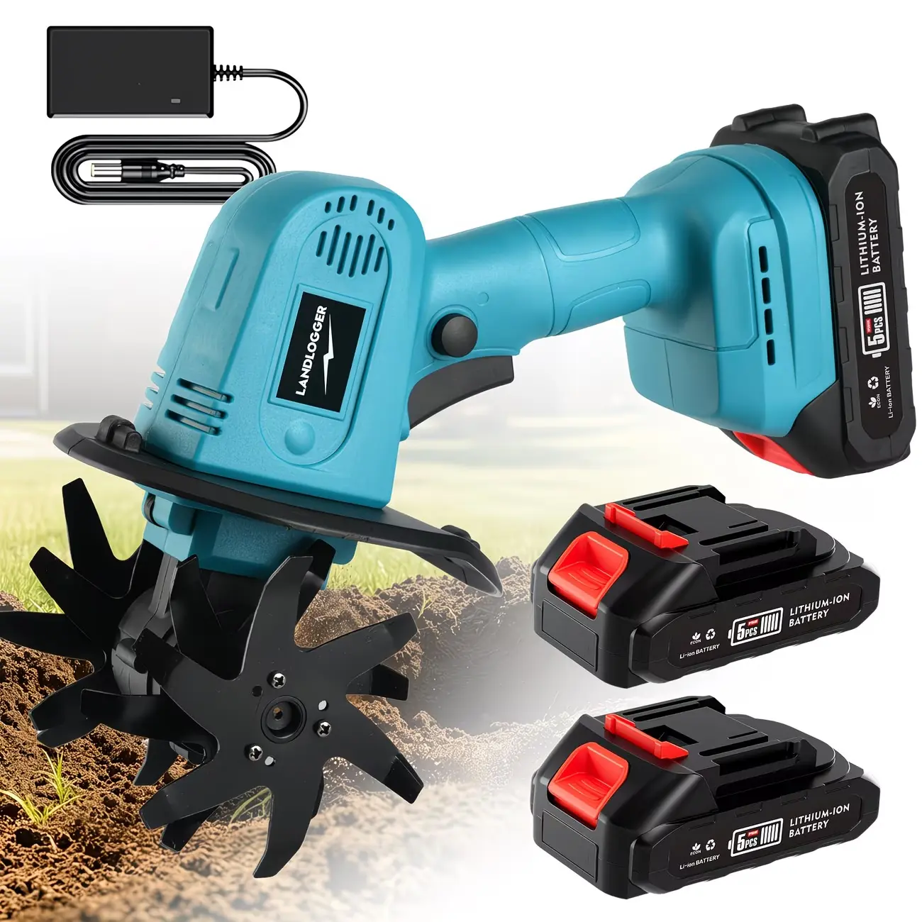 20V Power Cordless Electric Cultivator Tiller, Lightweight Handheld Garden Tool with Batteries+Charger, 9-in Tilling Width, 6.6-in Cultivating Depth for Raised Garden Beds, Soil Mixing