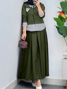 Women's Casual Colorblock Set, Long Sleeve Striped Patchwork Open Front Shirt + High Waist Skirt, Perfect for Daily Two Piece Set Outfit Sets Women