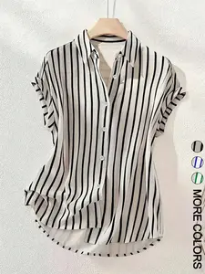 Women's Casual Striped Lapel Loose Short Sleeve Shirt Blouse, Summer Top, Comfortable and Stylish, Perfect for Daily Wear