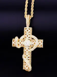 Men's Snake Wrapped Cross Pendant Necklace, Iced Out Cross, Copper Hip Hop Jewelry, Trendy Animal Design, Fashion Accessory