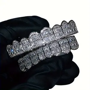 1 Set Double CZ Bling Teeth Grillz, Cosplay Punk Dental Mouth Caps, Hip Hop Rapper Party Tooth Jewelry, Top & Bottom Set Oral