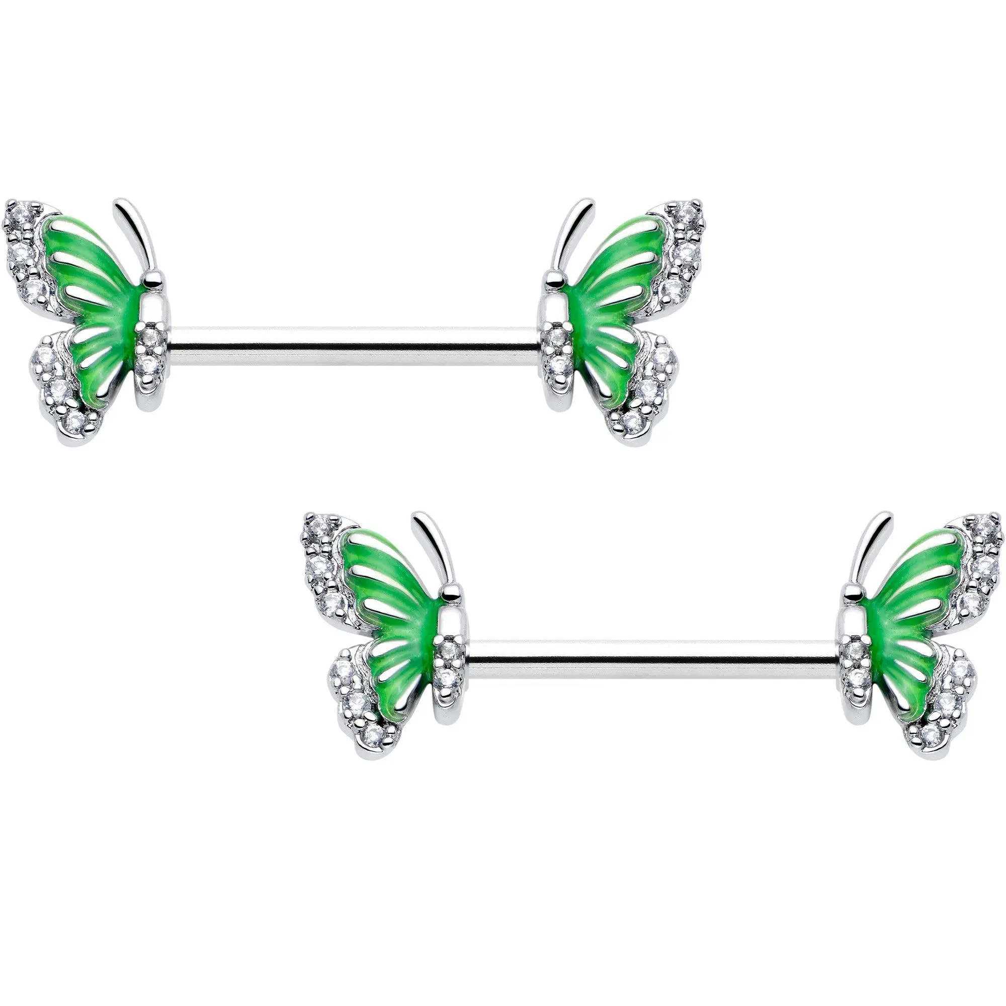 14 Gauge 9/16 Clear CZ Gem Butterfly Green Barbell Nipple Ring Set