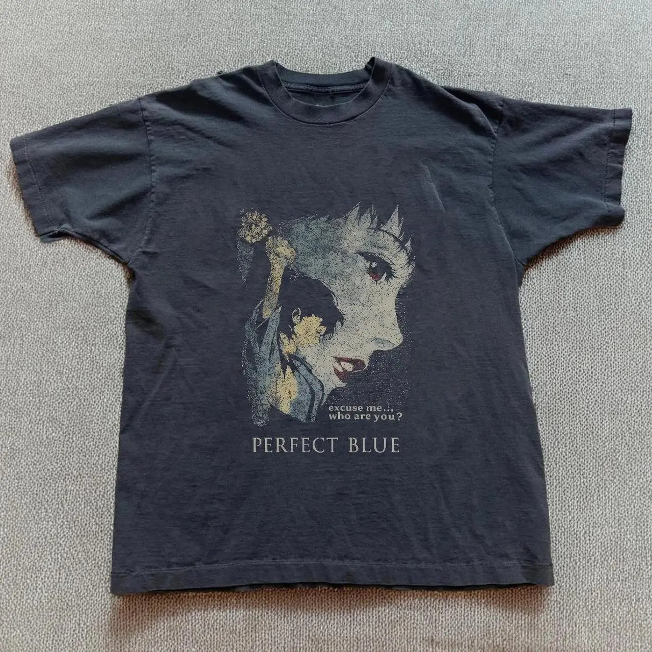 Perfect Blue Satoshi Kon Anime Graphic T-Shirt - "Excuse Me, Who Are You?" Vintage Faded Black Thriller Movie Tee, Japanese Streetwear Unisex Top