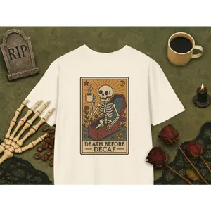 Death Before Decaf T-Shirt, Witchy Skeleton Coffee Shirt | Spooky Fall Tee for Caffeine Lovers | Halloween Goth Coffee Shirt Unisex