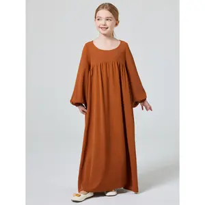 Girls' Middle Eastern-Inspired Modest Abaya Dress - 100% Polyester Round Neck Long Sleeve Dress, Solid Color Traditional Attire for Ramadan & Cultural Events, Hand Wash Only, Seasonal Wear| Voluminous Robe| Woven Design, Gift for Eld, Gift for Ramadan