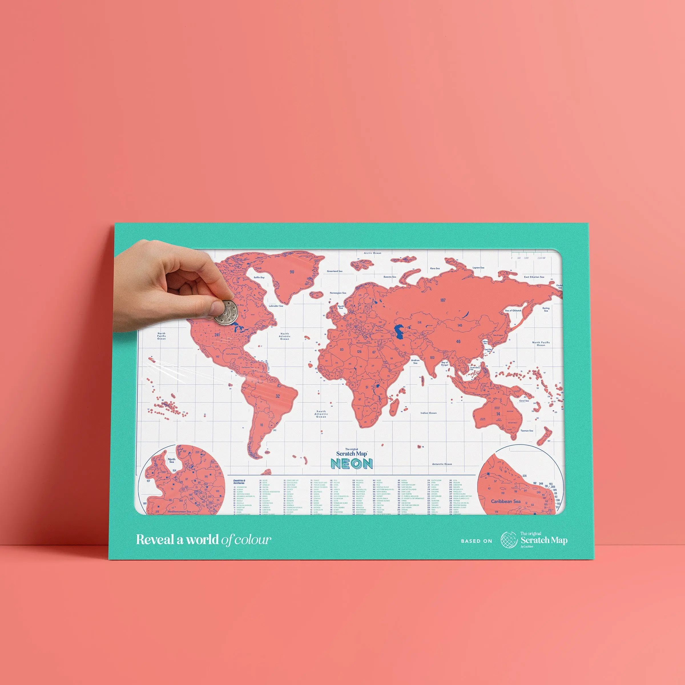 Luckies Scratch Map - Neon Coral Scratch Off World Map - World Travel Maps Frame - Countries Visited Maps - Scratchable Foil Poster - US & Australian States