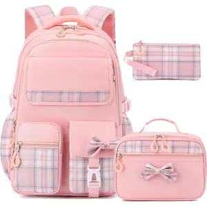 Girls Backpack Set,17 inch School Backpacks Cute Book Bag with Lunch Box for Teen Kid Elementary Middle High School(3PCS Pink, Large)