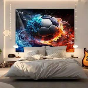 Ice and Fire Soccer Tapestry, Football Wall Hanging Tapestry, Soft Microfiber Home Wall Blanket Tapestries,Modern Sports Theme Soccer Ball Game Tapestries for Bedroom