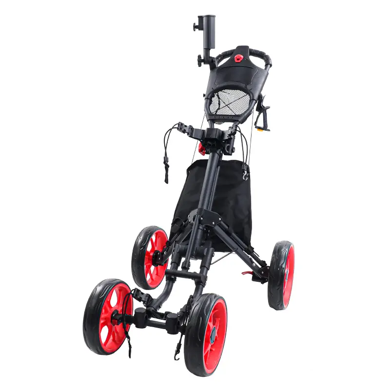 Golf 4-Wheel Push Cart with 1-Click Folding Function, Built-In Scorecard Holder, and Detachable Storage Bag