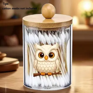 Adorable Owl Patterned Cotton Swab Holder, Bathroom Organization & Storage, Small Jars with Lids, Decorative Container for Countertop