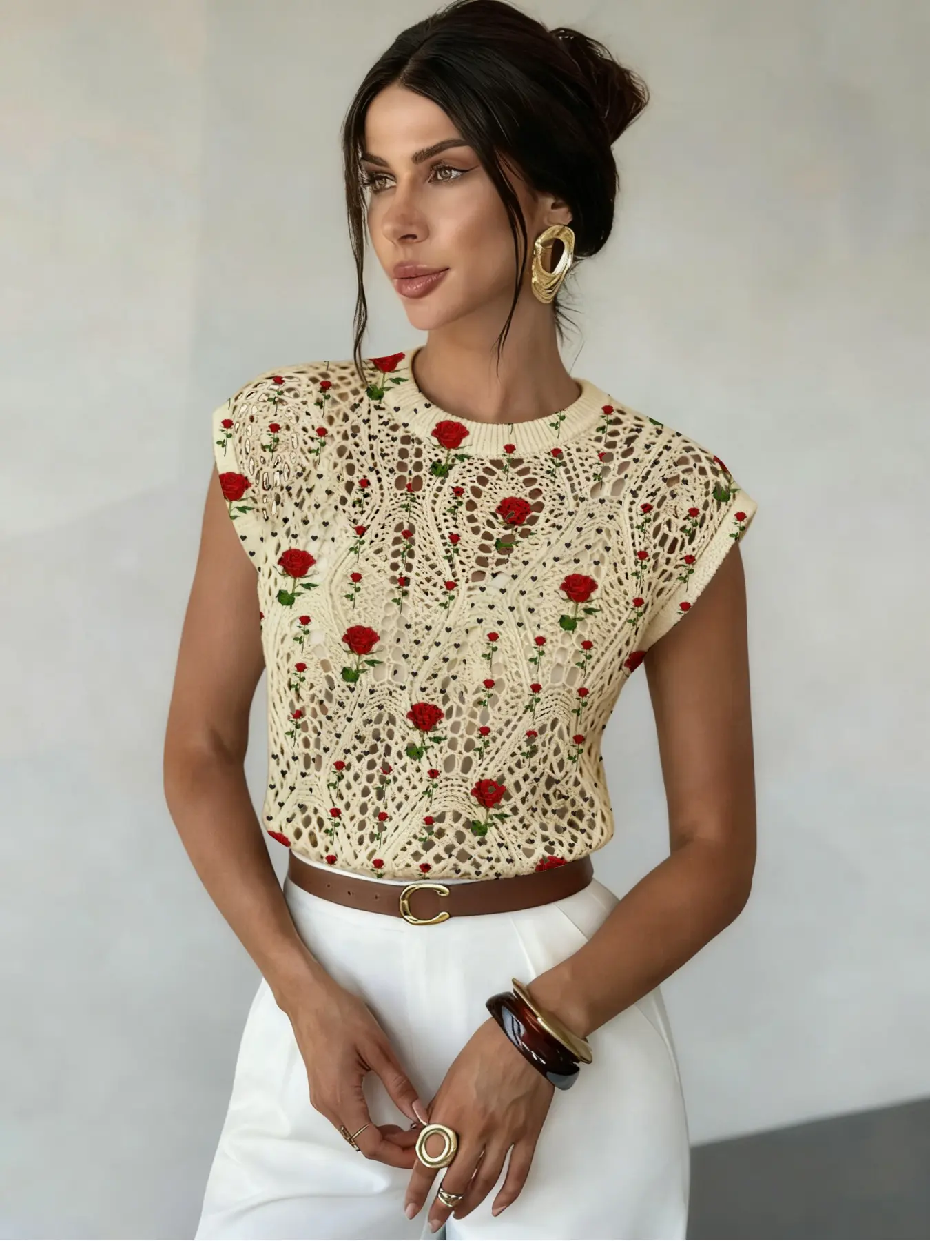 Floral Print Round Neck Chic Aesthetic Fitted Short Sweater, Casual Sleeveless Knitwear for Spring Summer Fall, Comfortable Warm Women's Clothing