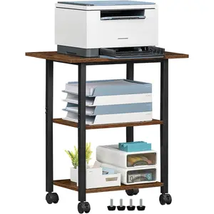 3-Tier Printer Stand, Industrial Mobile Printer Table with Storage Shelf and Steel Frame, Rolling Printer Cart Holder with Lockable Wheels for Home, Office (Brown)