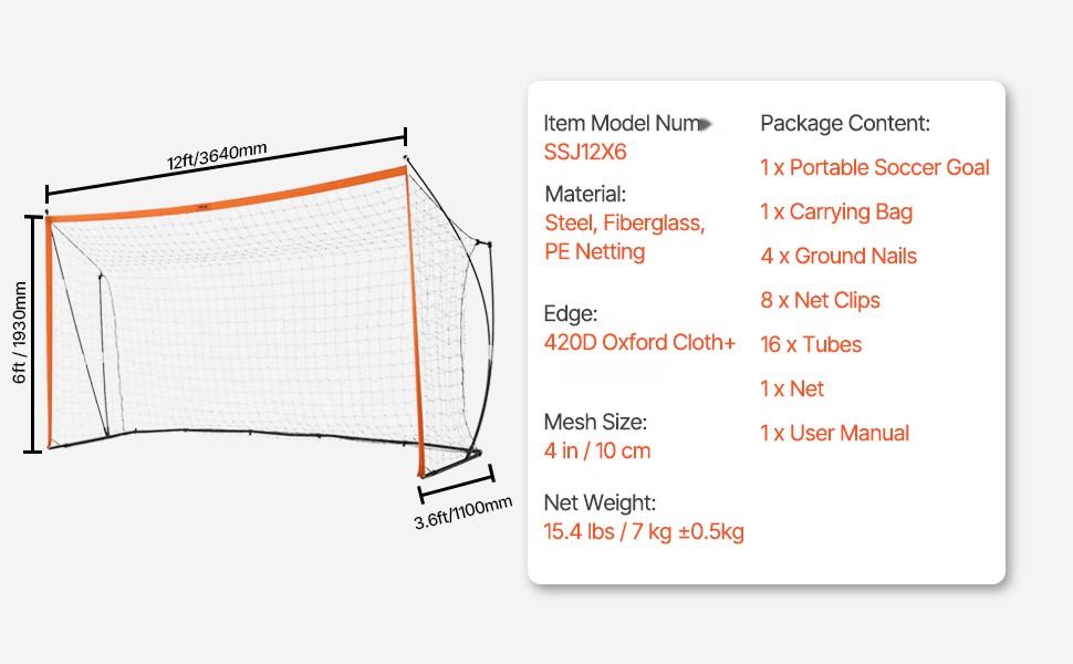12 X 6 Ft Portable Soccer Goal For Kids, Backyard Training Net With Carry Bag, Sturdy Frame, Weather-Resistant Net, Easy Setup, Ground Stakes Included, Ideal For Outdoor Practice And Small-Sided Games
