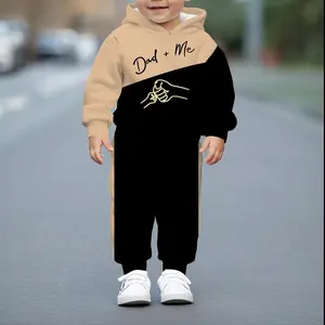 Baby Boy Hooded Sweatshirt Set, Color Block Letter Print, Spring and Autumn Casual Comfortable Set, Perfect for Outdoor Activities