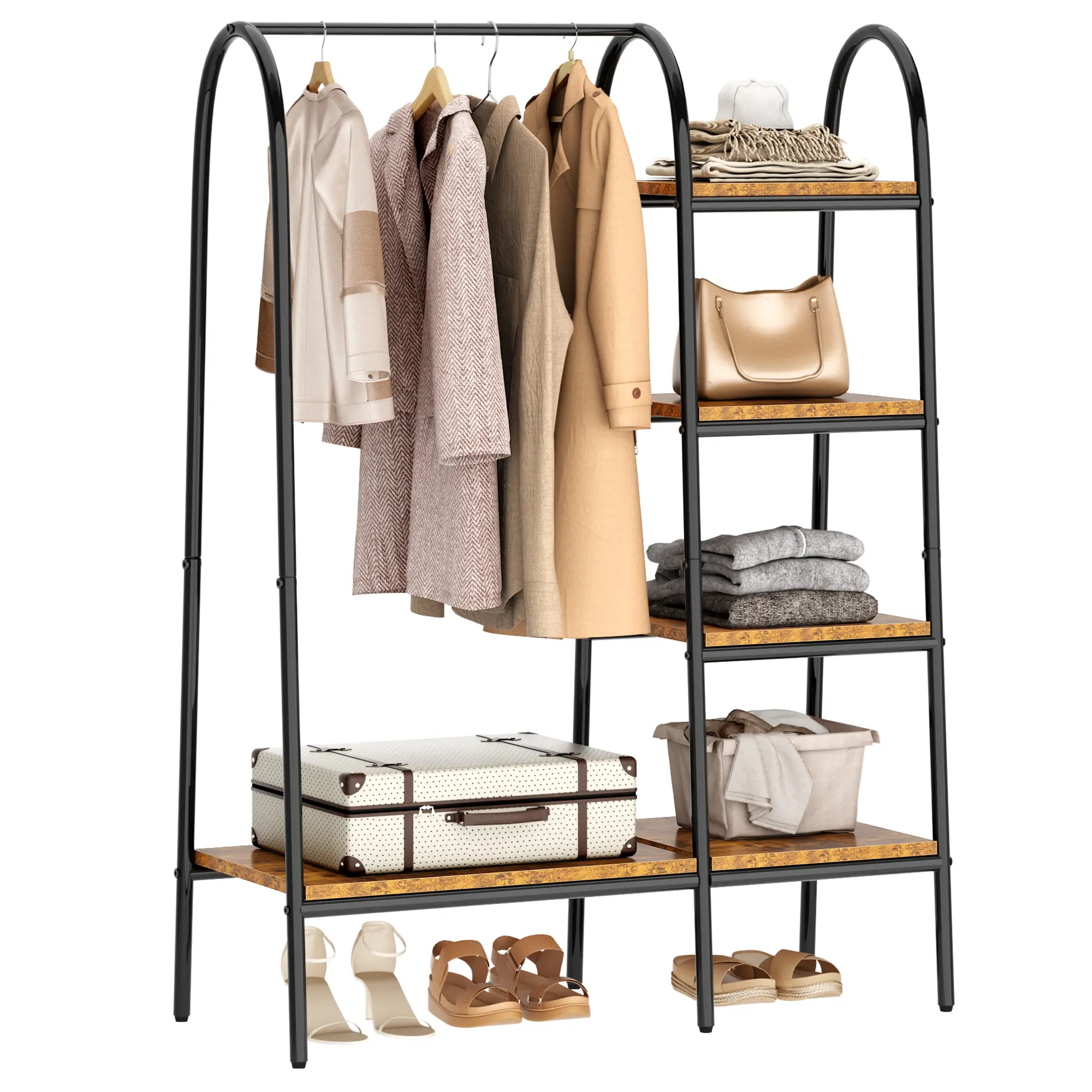 Vintage Heavy Duty Garment Rack with 4 Side Shelves, Freestanding Clothes Rack for Hanging Dresses Coats Shirts, 40x16.3x59.8 Inch Large Capacity Storage Shelves Unit for Entryway Bedroom Living Room Closet Organizer