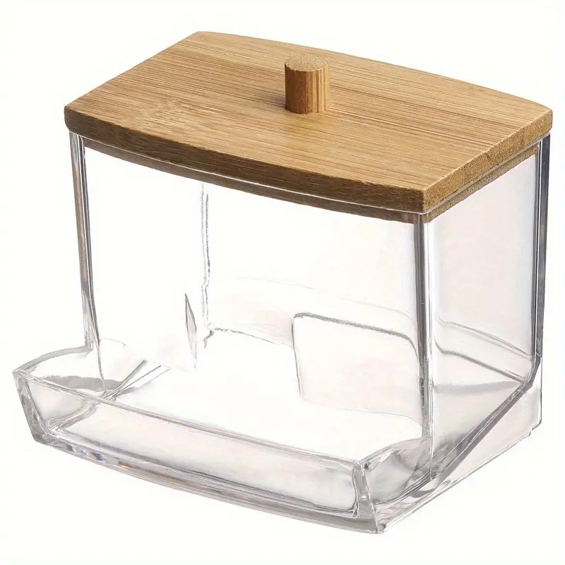 1pc Cotton Swab Storage Box, Bamboo Cover Cotton Storage Box, Cosmetics Finishing Box, Jewelry Box Acrylic Cotton Ball Dust Box, Clear Storage Box, Home Storage