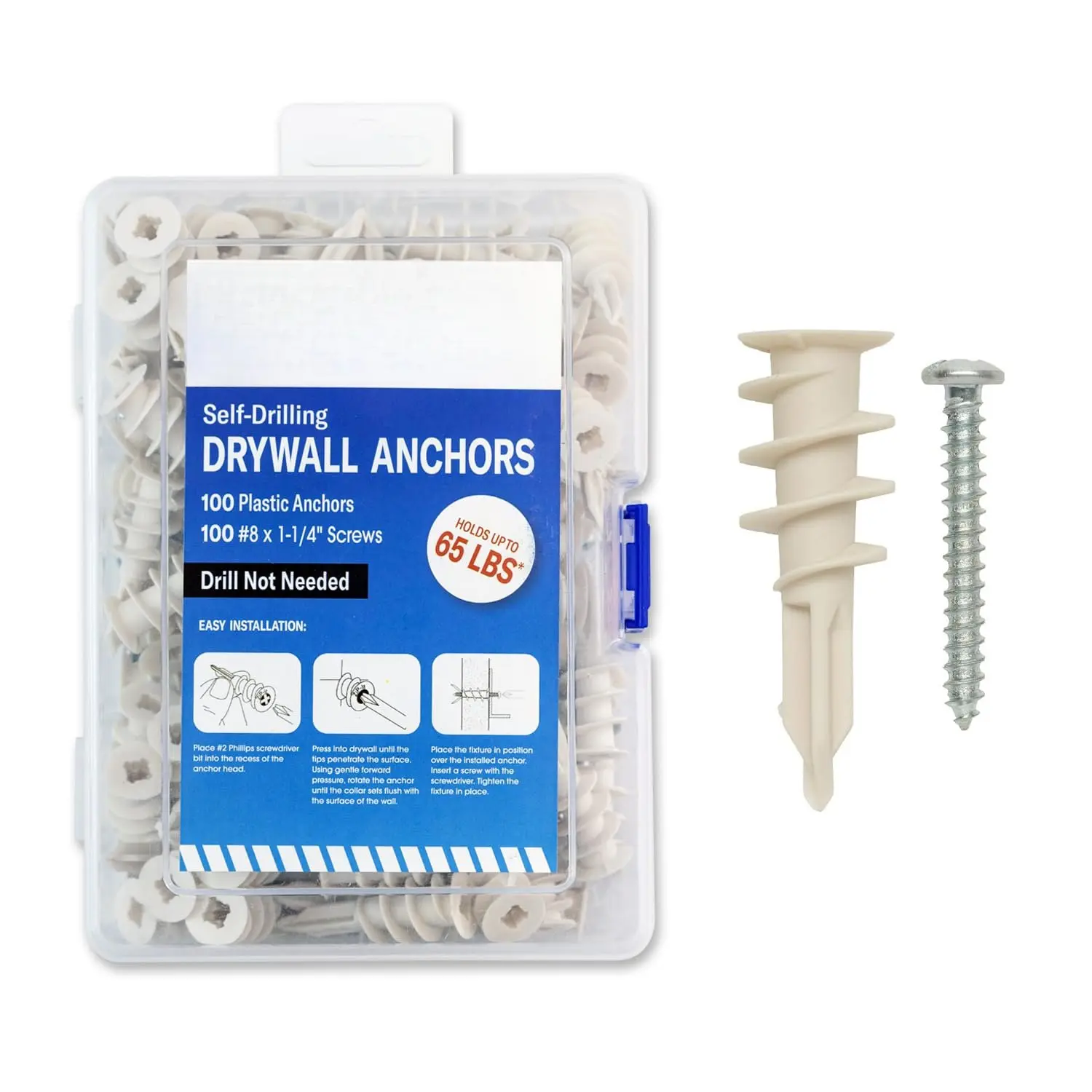 Claw Self Tap Drywall Anchors Kit - Plastic Wall Anchors with Screws,  For Drywall, 200 count